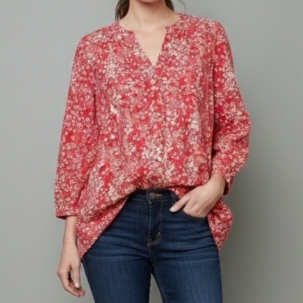 Womens Oversized Floral 3/4 Sleeve Button-Down V-Neck Top | Knox Rose | Red XS